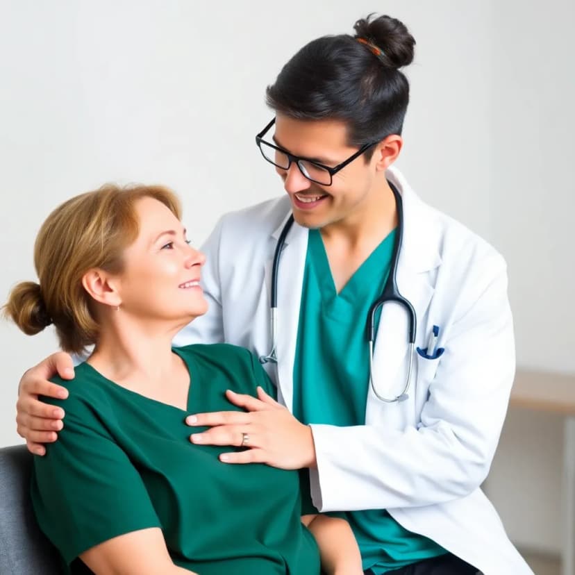 Doctor in white coat with stethoscope comforting a female patient in green shirt